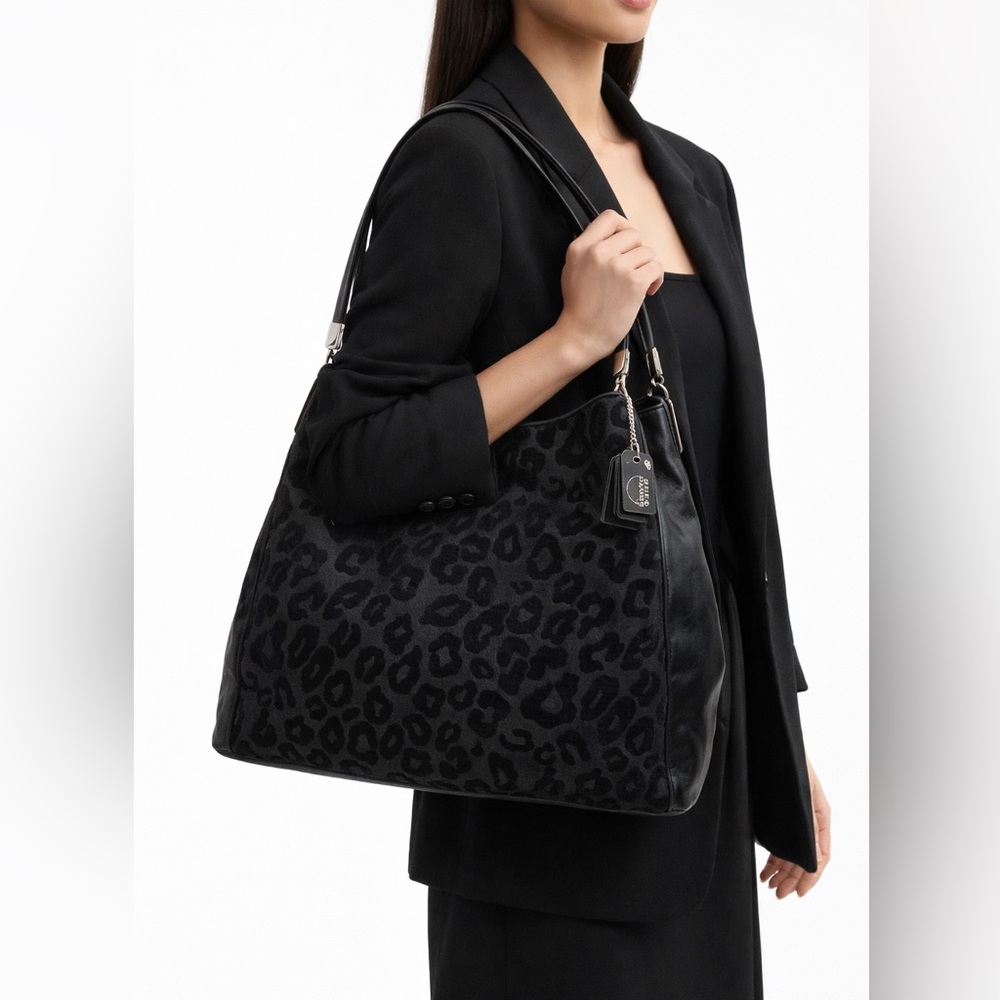 SOLDCoach Madison Phoebe Shoulder Bag Black Ocelot Leopard Print Chenille Leathe - Picture 3 of 13